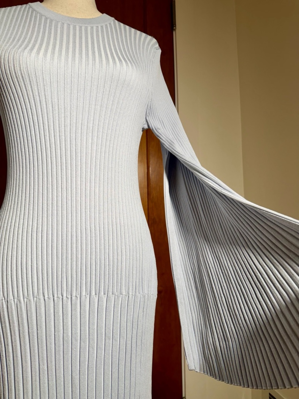 Proenza Schouler Light Blue Cape Sleeves Rib-Knit Maxi Dress
